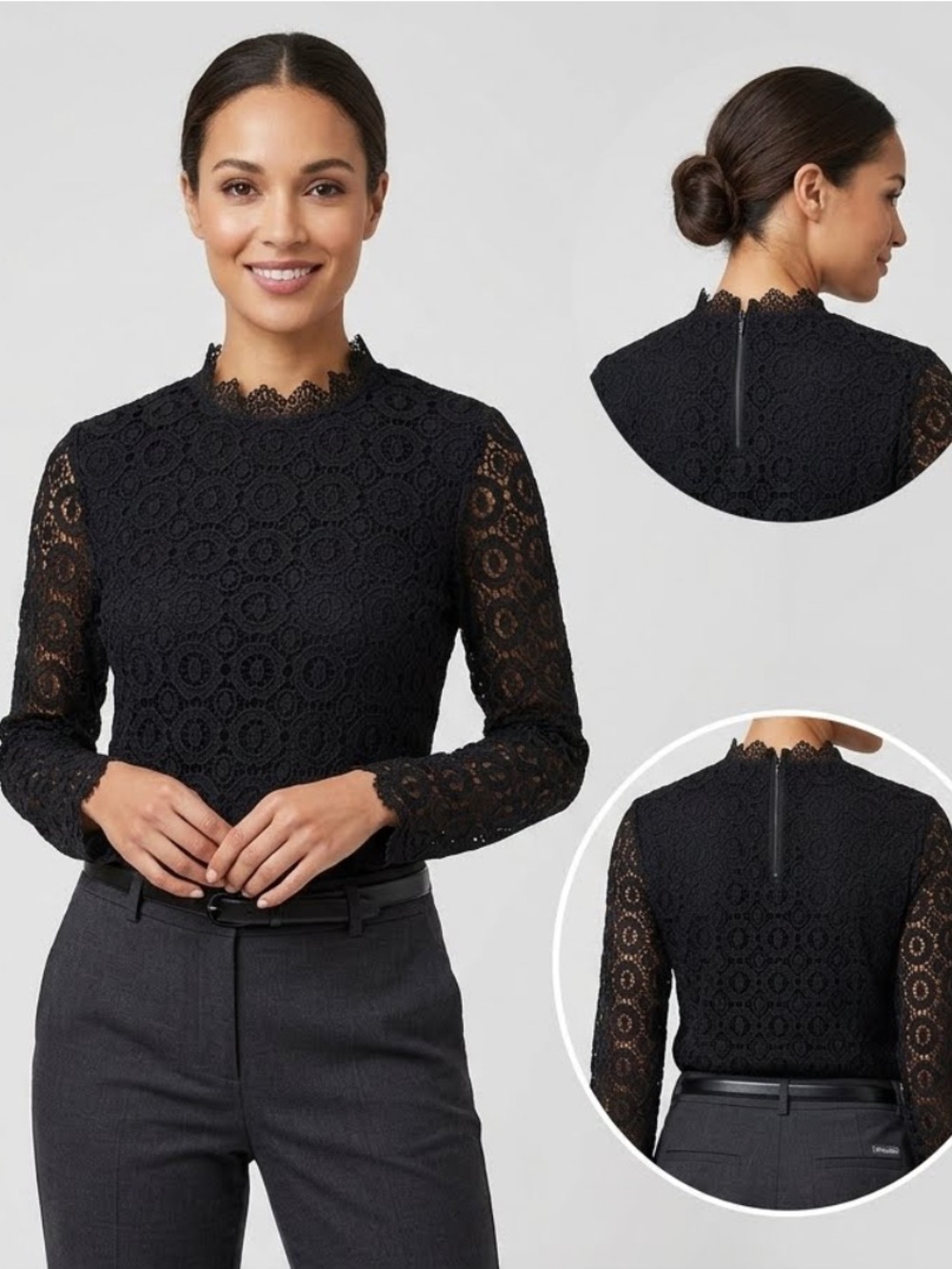 J. McLaughlin black lace high neck career wear top size small
